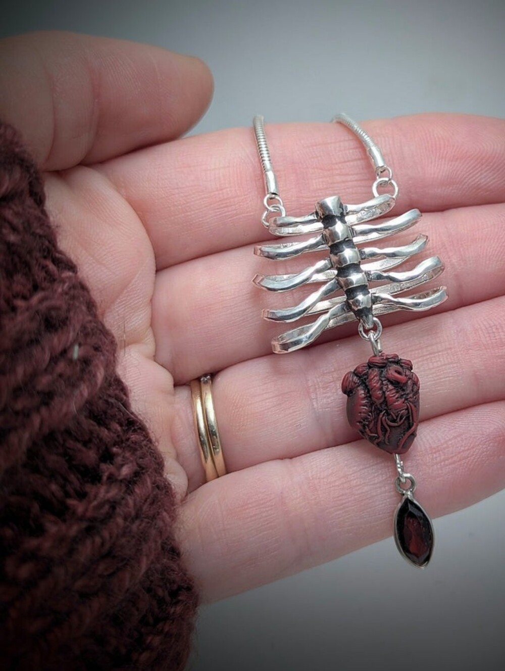 Sterling Silver Ribcage Pendant Necklace with Red Anatomical Heart - Picture 3 of 4